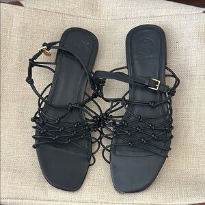 Tory Burch Black Knotted Sandals with Gold Buckle